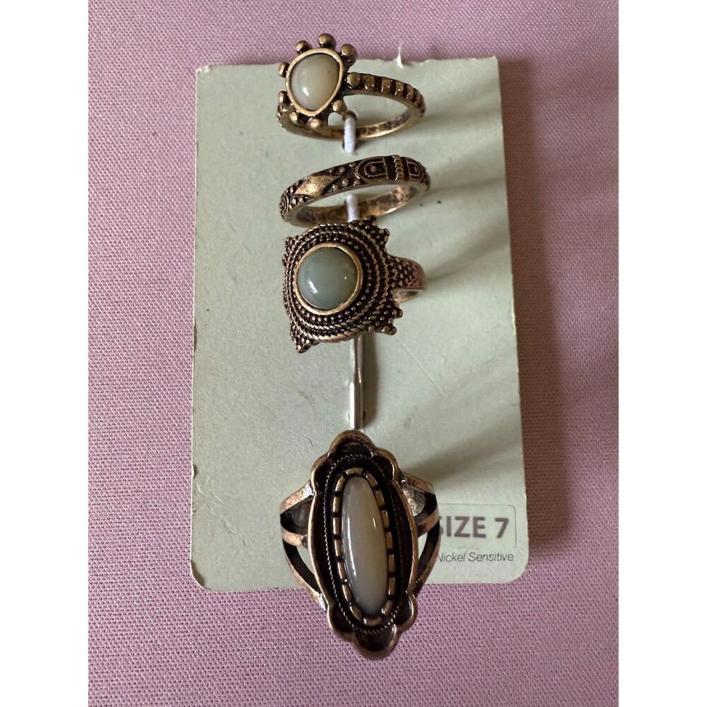Boho Stackable Ring Set in Cream and Antique Gold - Size 7